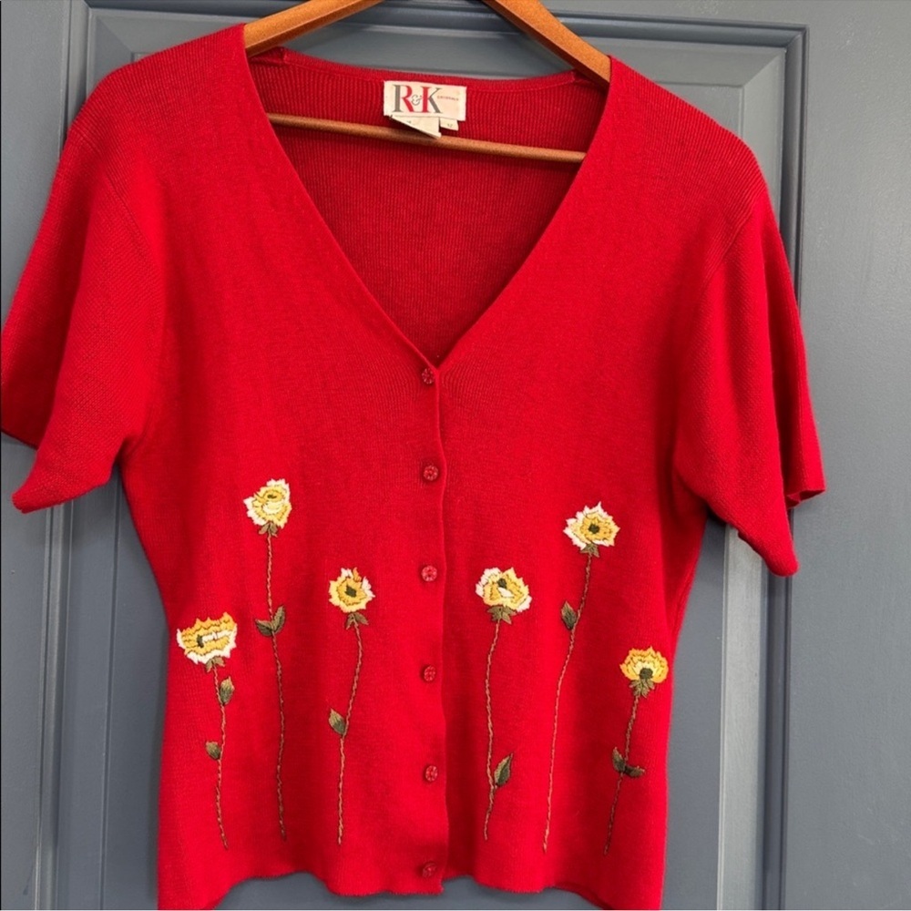Vintage R&K Originals Red Floral Embroidered Cardigan Ramie Blend Size 12 - Picture 1 of 5